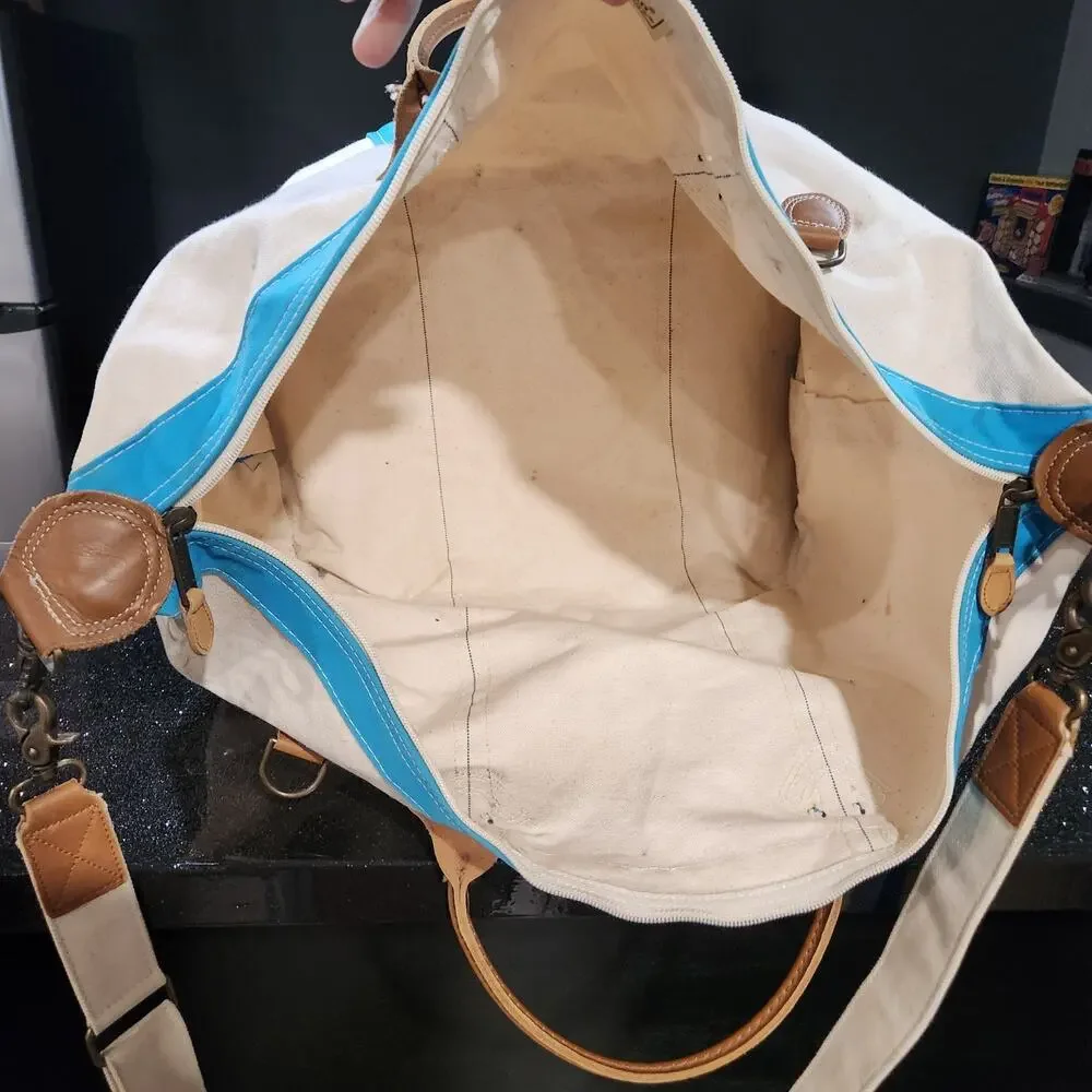 VTG LL Bean Boat & Tote Leather Handles Canvas Weekender Duffle Zip Strap Bag XL